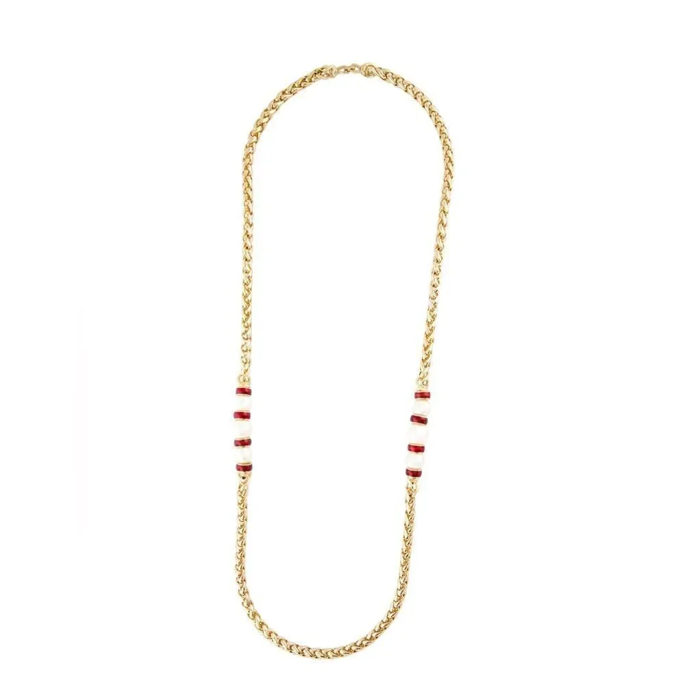 CHRISTIAN DIOR VINTAGE PEARL & ENAMEL GOLD CHAIN NECKLACE - Picture 7 of 8